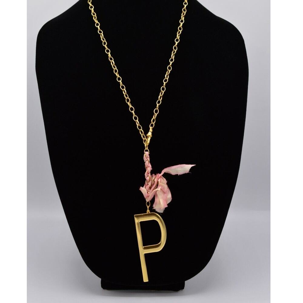 John Wind Initial P Pendant Necklace Capital Letter Brushed Gold Long Chain BinN